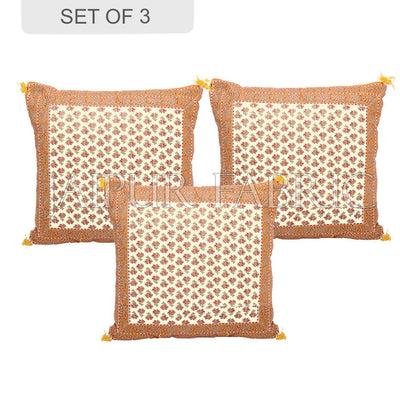 Orange Flower Print with Tropical Border Cotton Cushion Cover