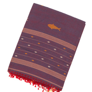 Lilac Handloom Bengal Cotton Saree With Fish Motifs