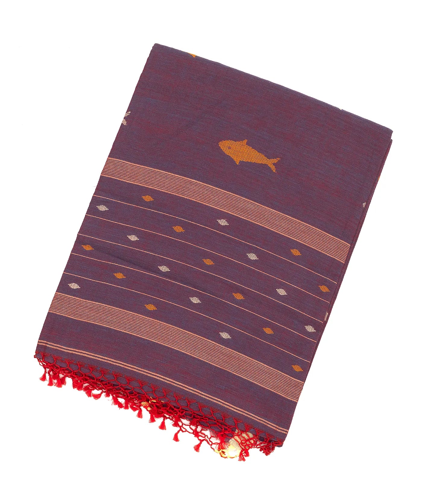 Lilac Handloom Bengal Cotton Saree With Fish Motifs