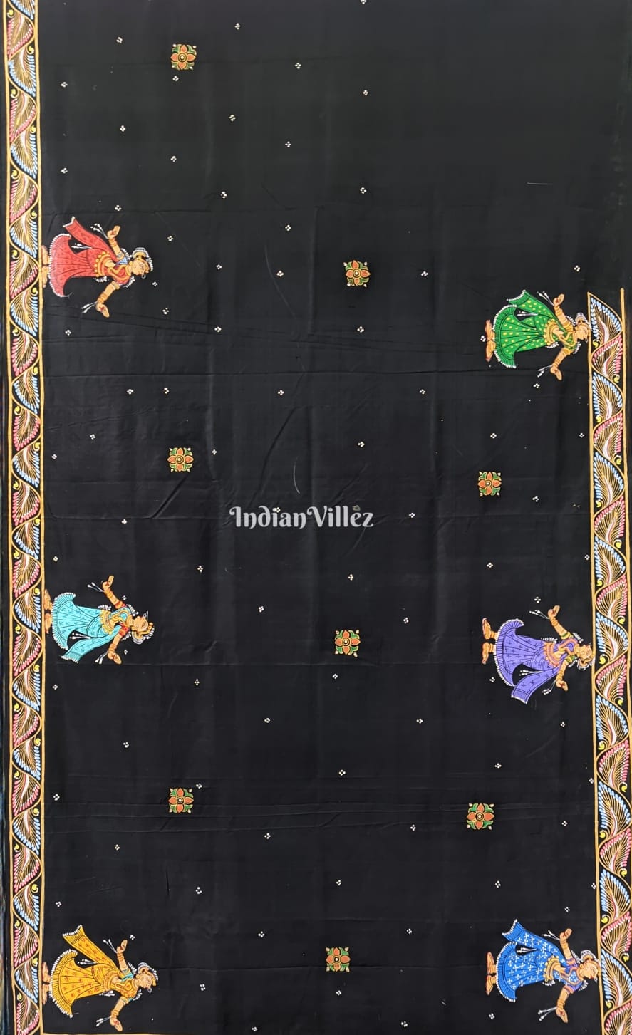 Black Mathura Vijay Theme Hand-Painted Pattachitra Saree