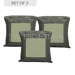 Green Base with Black Gota Work Border Cotton Satin Silk Cushion Cover
