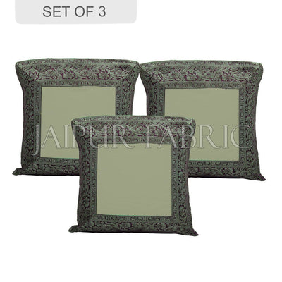 Green Base with Black Gota Work Border Cotton Satin Silk Cushion Cover