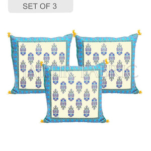 Cream Base with Cyan Border Rajasthani Kalash Design Cotton Cushion Cover