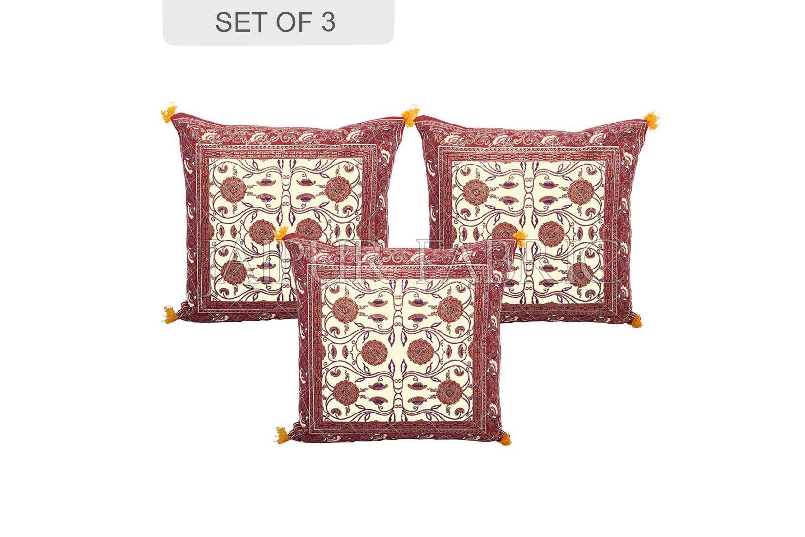 Cream Base with Brown Border Tropical Design Cotton Cushion Cover