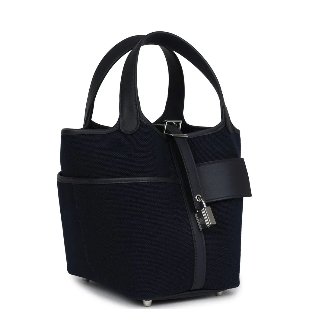 Hermès Picotin Cargo 18 Caban Swift and Black Toile Canvas Palladium Hardware