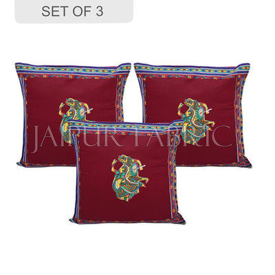 Maroon Color Traditional Folk Dance Patch Work Cotton Cushion Cover