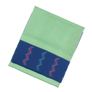 Cardamom Green Handloom Soft Silk Saree With Stripes & Blue Border