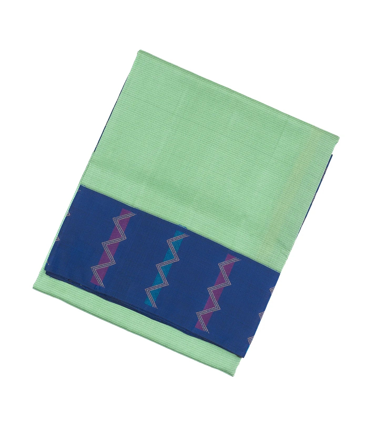 Cardamom Green Handloom Soft Silk Saree With Stripes & Blue Border