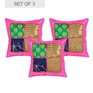 Multi Color Patch Work Gold Print with Pink Base Cushion Cover