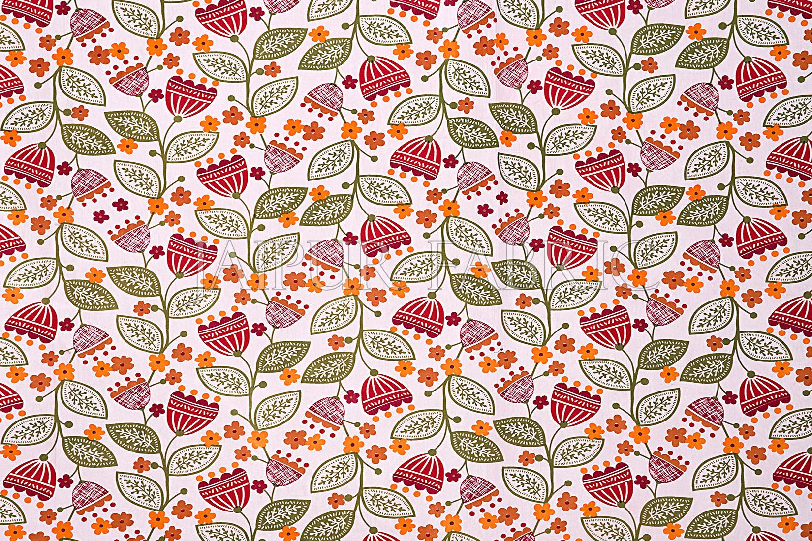Red Border Flower and Leaf Printed Cotton Double Bed Sheet