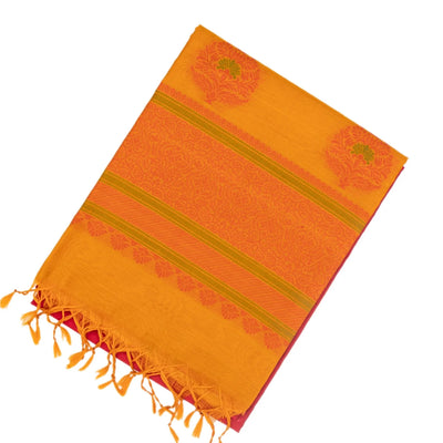 Hot Pink Handloom Kora Silk Cotton Saree With Mustard Pallu