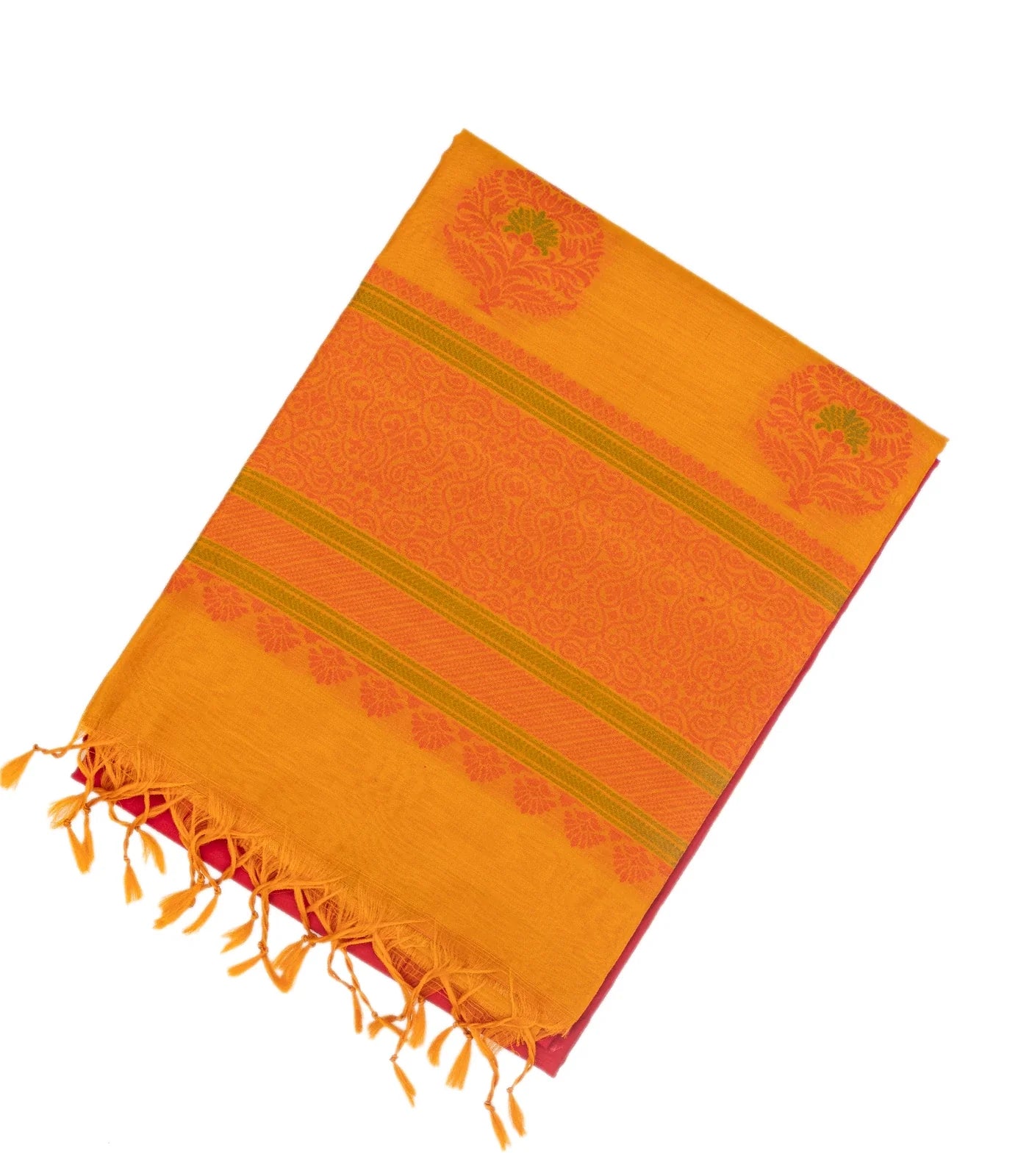 Hot Pink Handloom Kora Silk Cotton Saree With Mustard Pallu