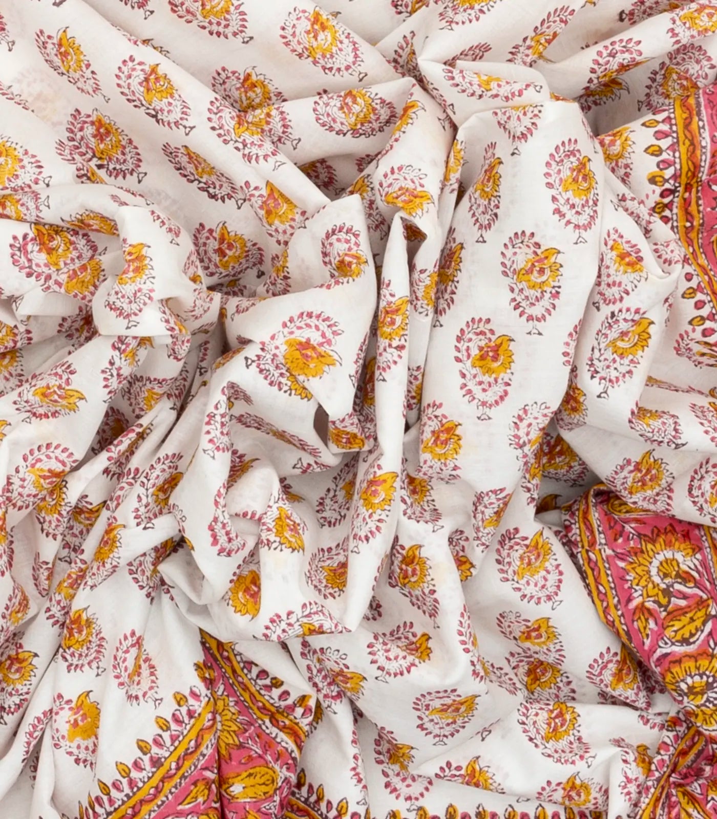 White Woven Jaipur Cotton Saree Printed With Mustard Floral  Motifs