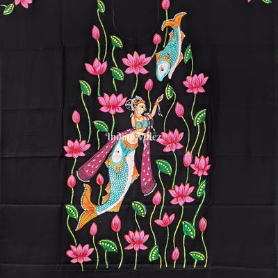 Black base Matsyakanya Pattachitra Art Kurti Cotton Dress Material