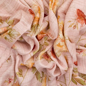 Baby Pink Handloom Linen Saree With Printed Floral Motifs & Stripes