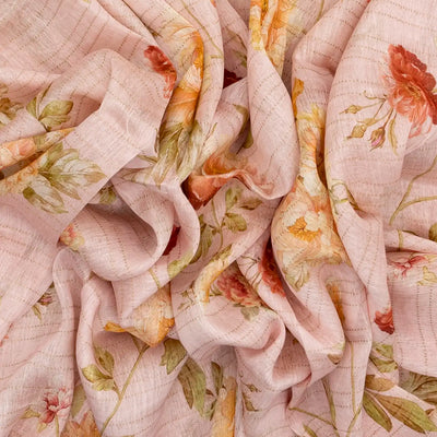 Baby Pink Handloom Linen Saree With Printed Floral Motifs & Stripes