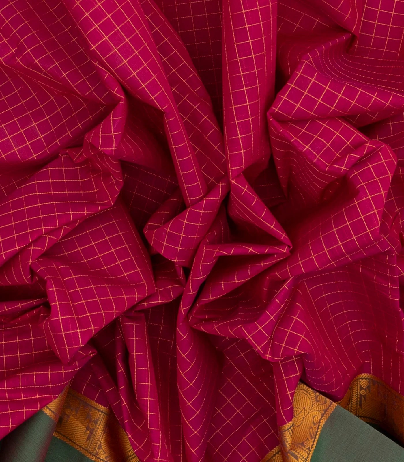 Pink Handloom Kanchi Cotton Saree With Green Border