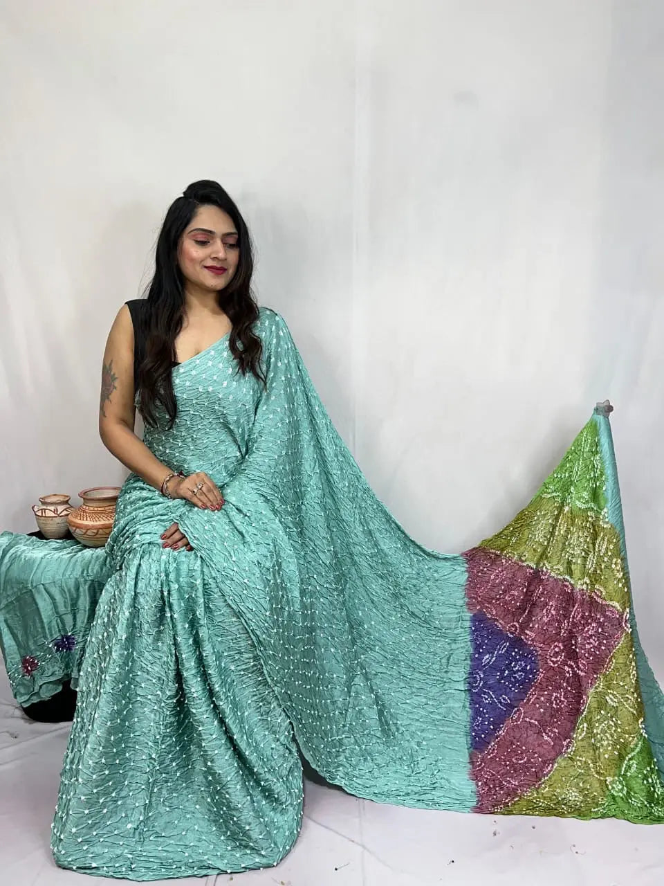 Pure Modal Silk Barik Bandhej Lagdi Pallu Bandhani Saree