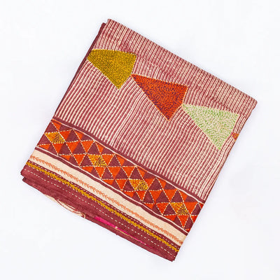 Maroon Handloom Tussar Silk Saree With Printed & Embroidered Triangle Motifs