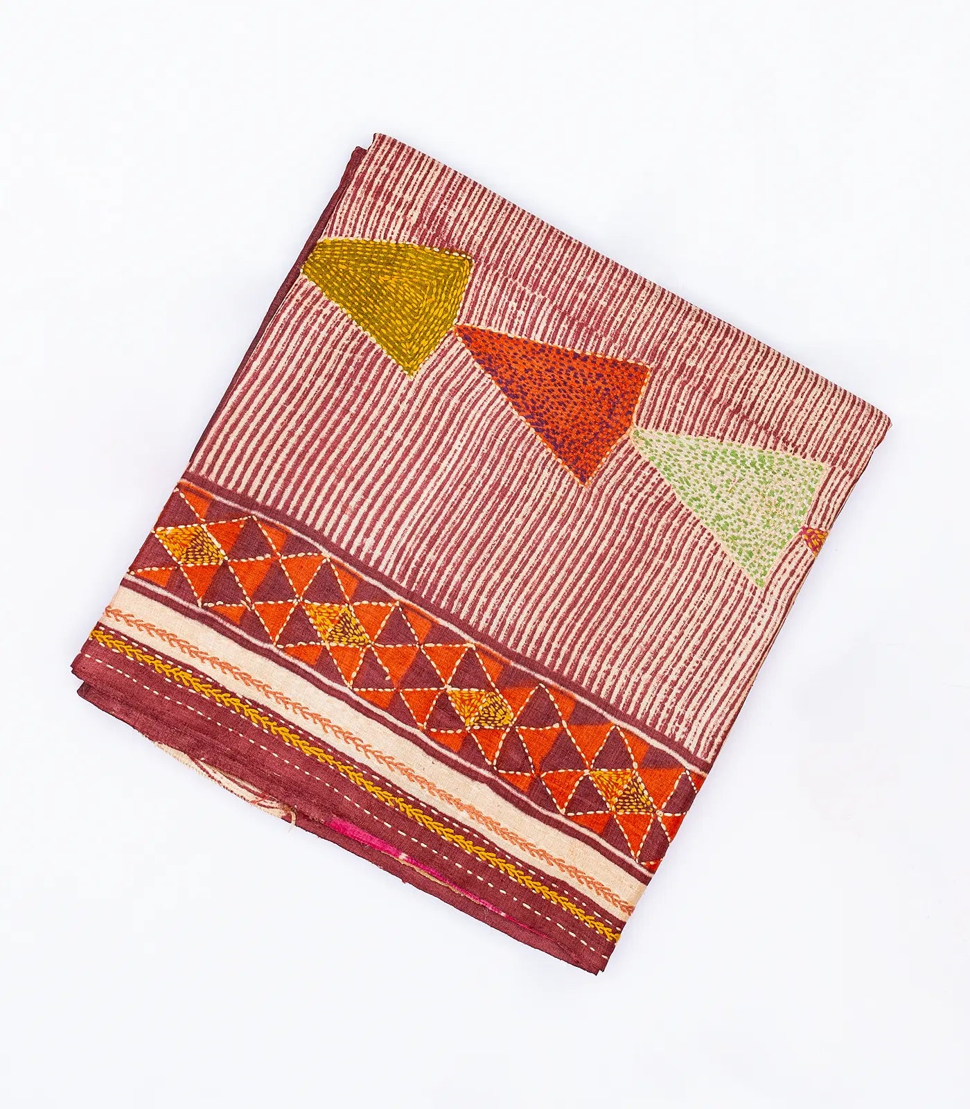 Maroon Handloom Tussar Silk Saree With Printed & Embroidered Triangle Motifs