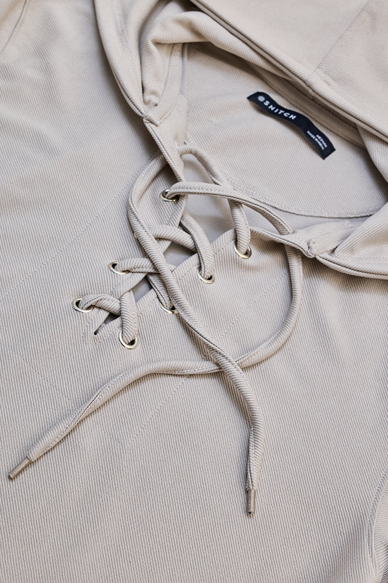 Beige Lace-Up Textured Hoodie