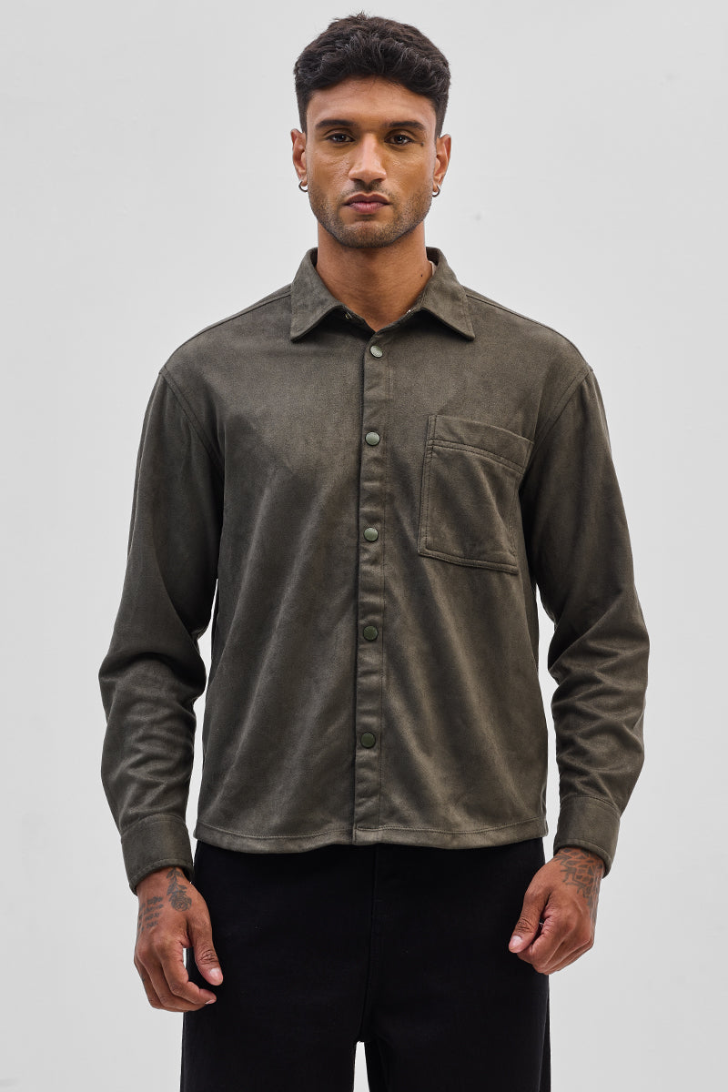 Olive Suede Snap Button Overshirt