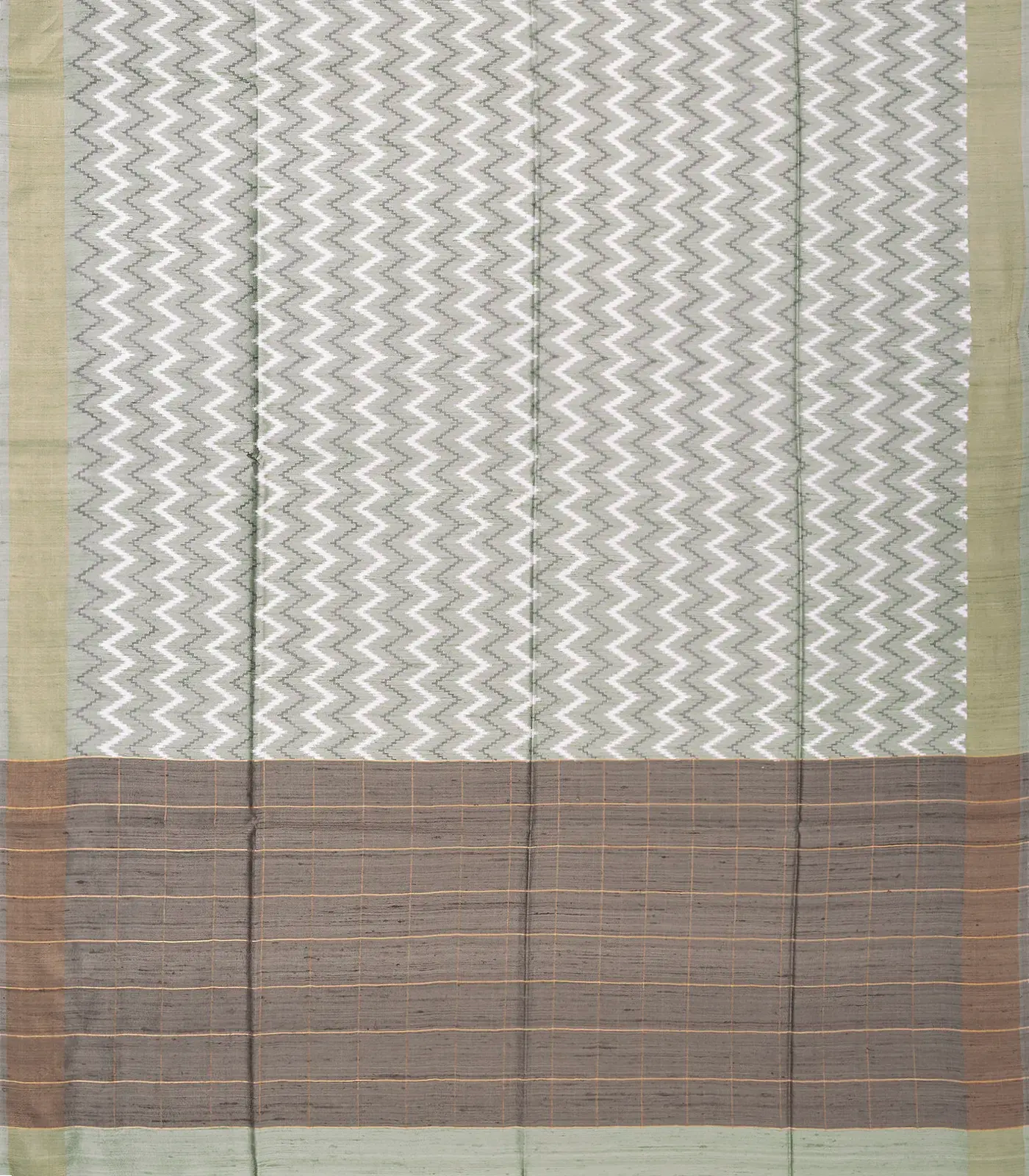 Grey Handwoven Dupion Silk Saree With Printed Chevron Motifs