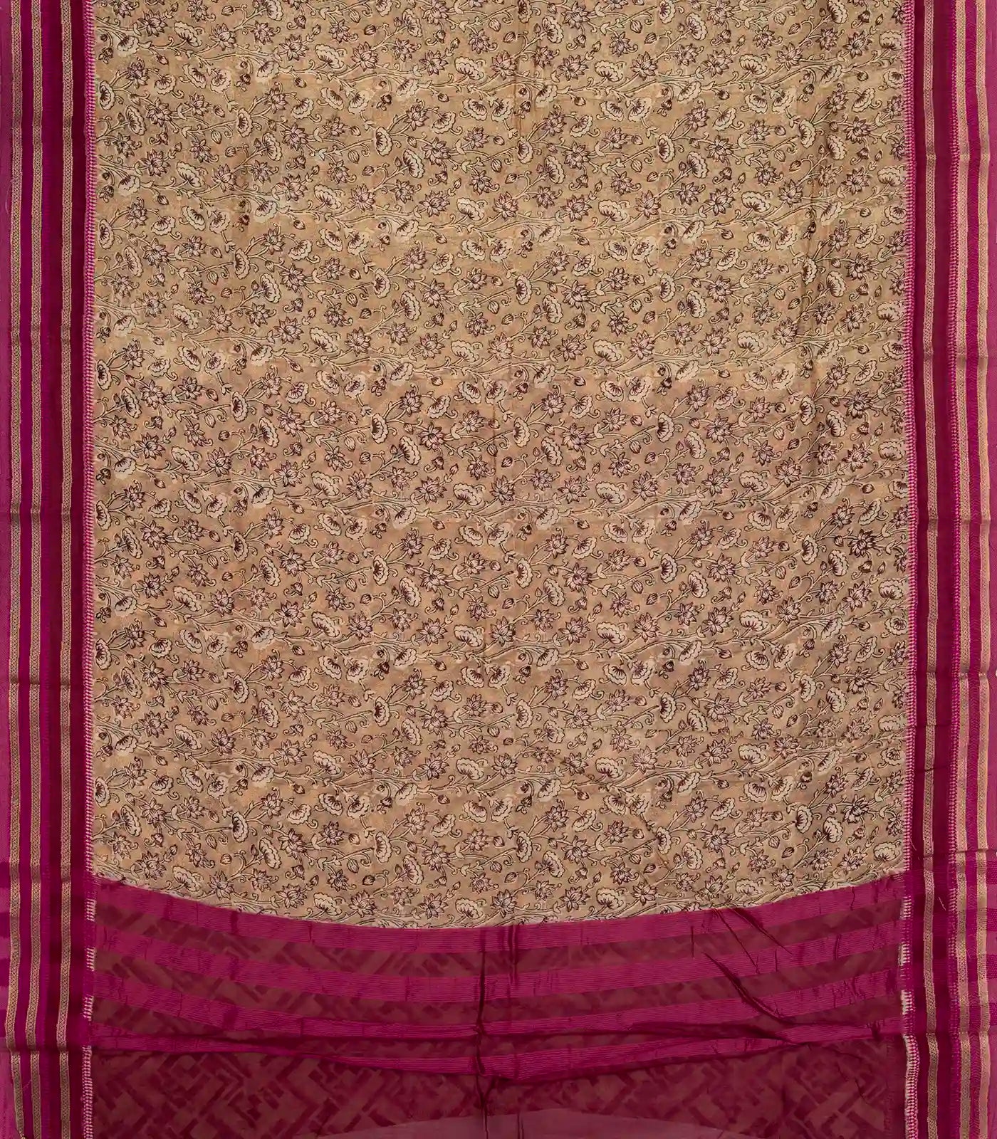 Beige Handloom Chanderi Cotton Saree With Printed Floral Motif
