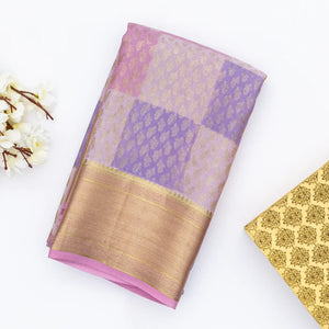 Lavender Mysore Crepe Silk Saree With Floral Buttas & Checks