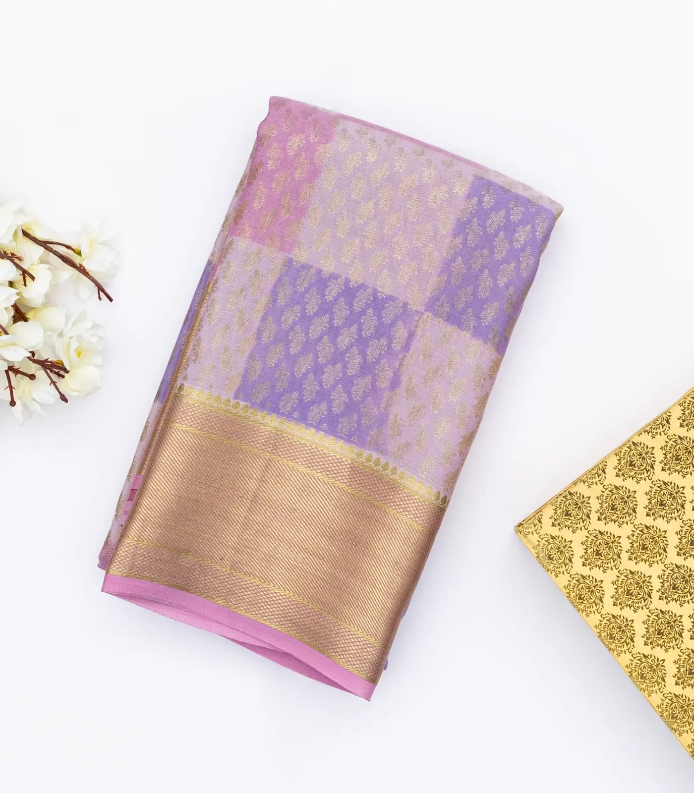 Lavender Mysore Crepe Silk Saree With Floral Buttas & Checks