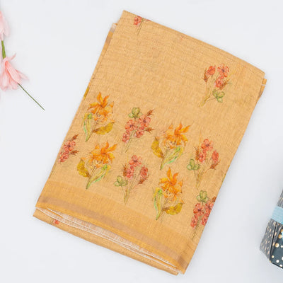 Beige Handwoven Linen Saree Printed With Flower Motifs