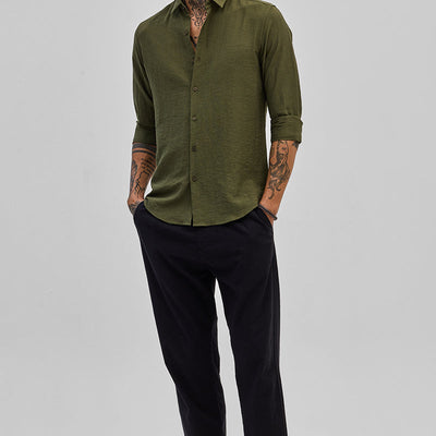 Olive Slim Fit Linen Shirt