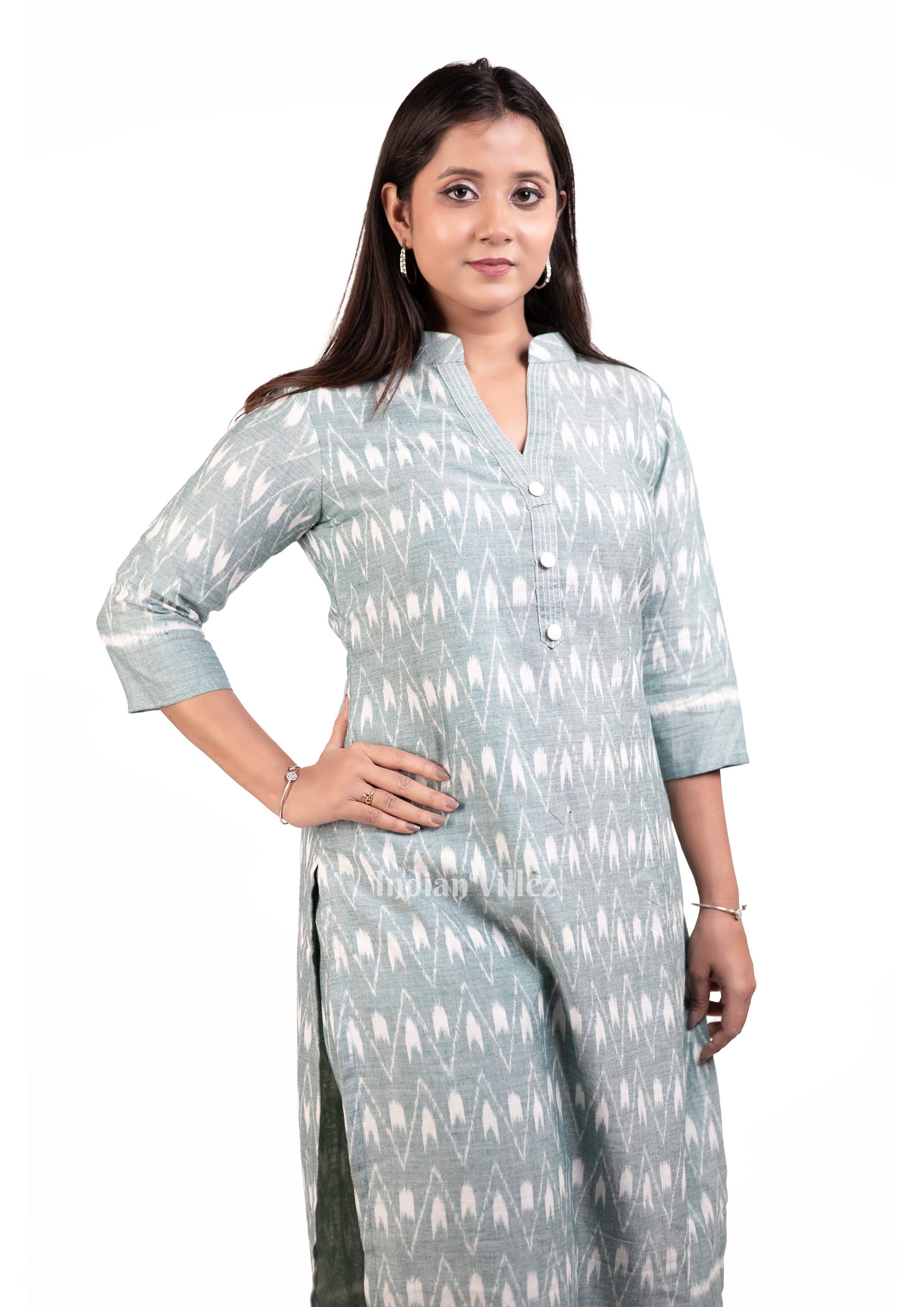 Sage Green Odisha Ikat Designer Cotton Kurti  Set for Women