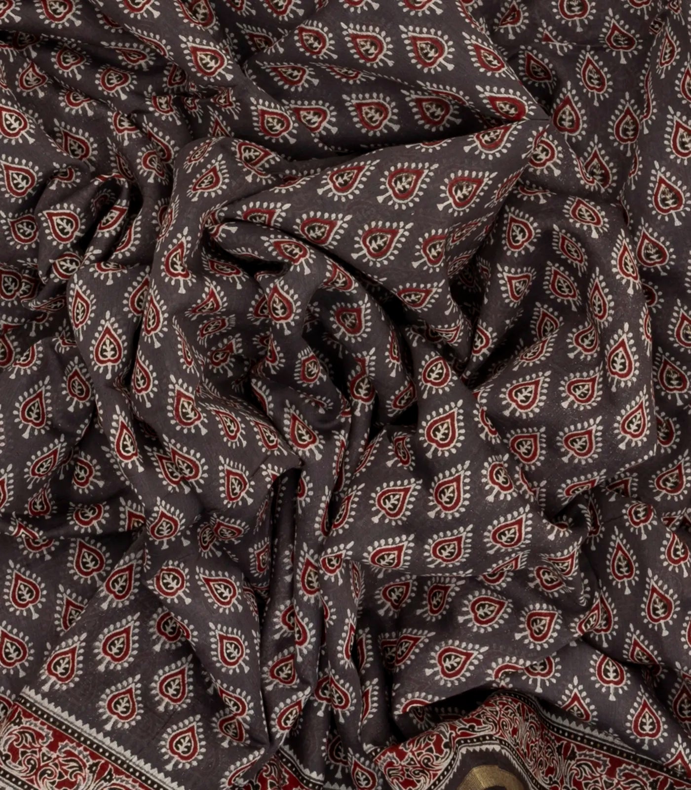Dark Grey Woven Jaipur Cotton Saree With Printed Brown Floral Motifs