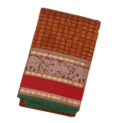 Rust Handloom Kanchi Cotton Saree With Annam Chakaram Checks