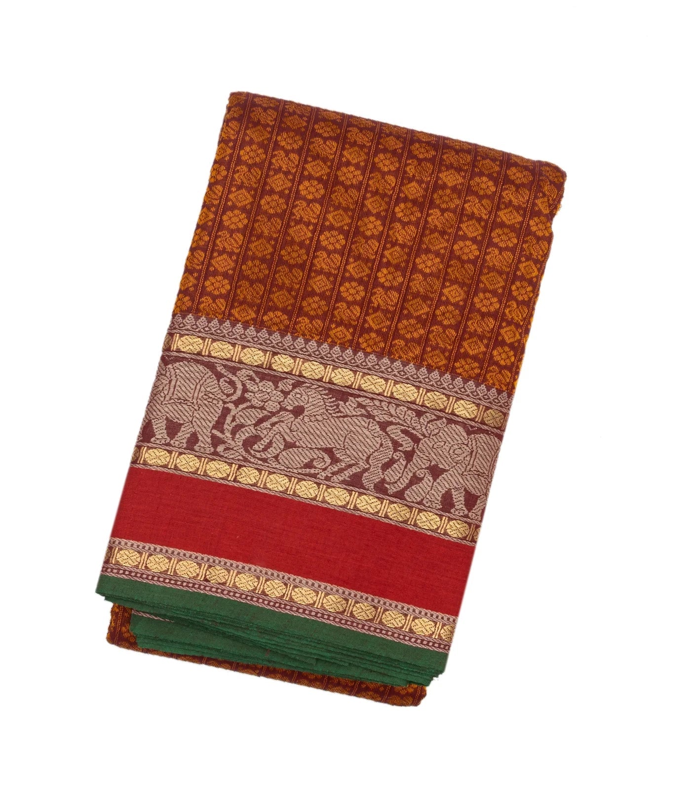 Rust Handloom Kanchi Cotton Saree With Annam Chakaram Checks