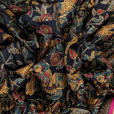 Black Handloom Tussar Silk Saree Printed & Embroidered Motifs