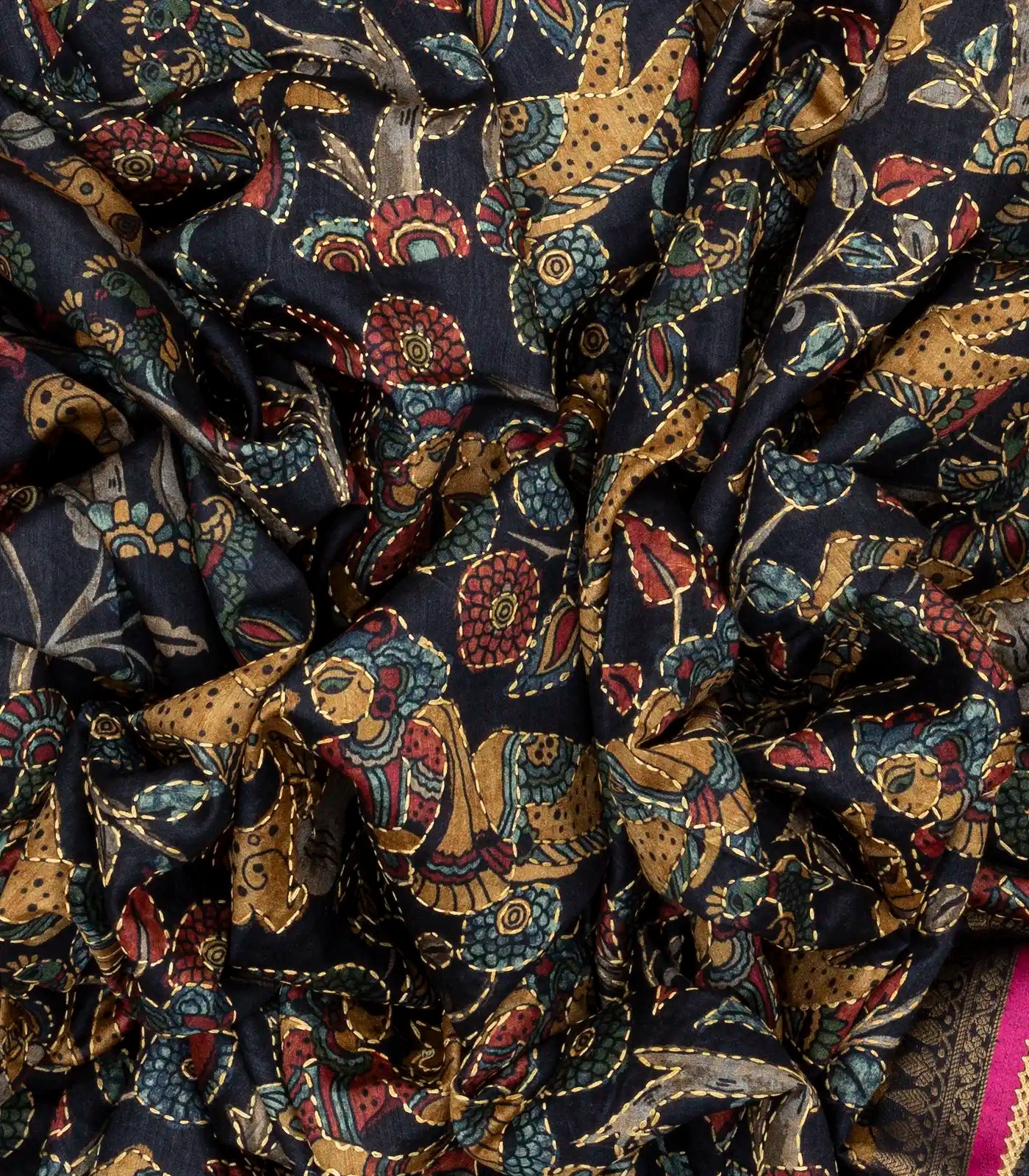 Black Handloom Tussar Silk Saree Printed & Embroidered Motifs