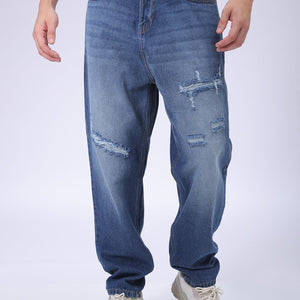 Men's Blue Loose Tapered Fit Solid Distressed Overdyed Jeans
