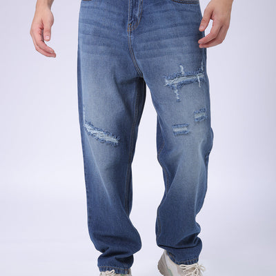 Men's Blue Loose Tapered Fit Solid Distressed Overdyed Jeans