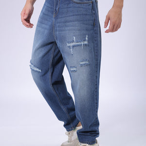 Men's Blue Loose Tapered Fit Solid Distressed Overdyed Jeans