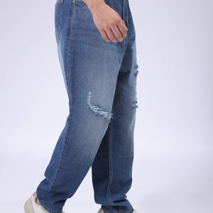 Men's Blue Loose Tapered Fit Solid Distressed Overdyed Jeans
