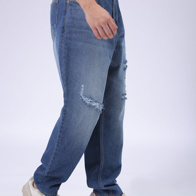 Men's Blue Loose Tapered Fit Solid Distressed Overdyed Jeans