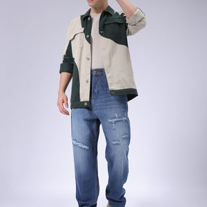 Men's Blue Loose Tapered Fit Solid Distressed Overdyed Jeans