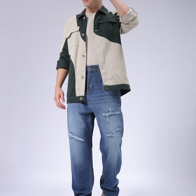 Men's Blue Loose Tapered Fit Solid Distressed Overdyed Jeans