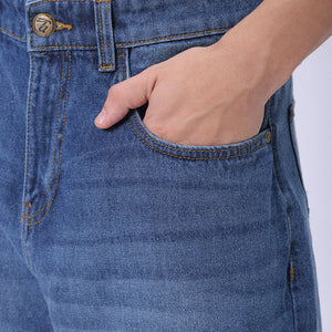 Men's Blue Loose Tapered Fit Solid Distressed Overdyed Jeans