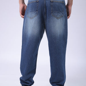 Men's Blue Loose Tapered Fit Solid Distressed Overdyed Jeans