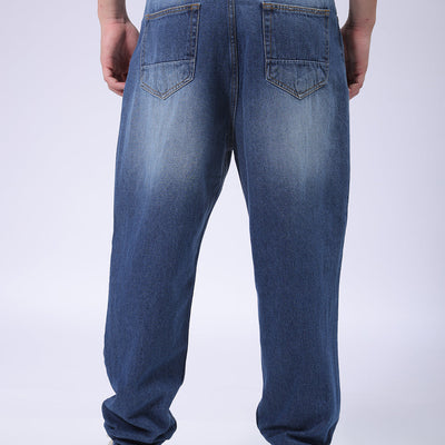 Men's Blue Loose Tapered Fit Solid Distressed Overdyed Jeans