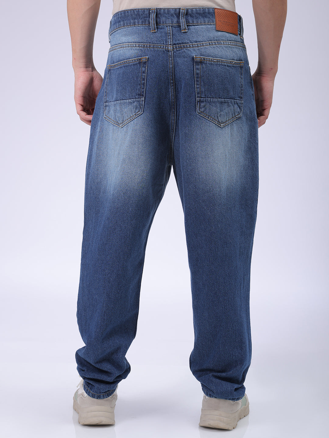 Men's Blue Loose Tapered Fit Solid Distressed Overdyed Jeans