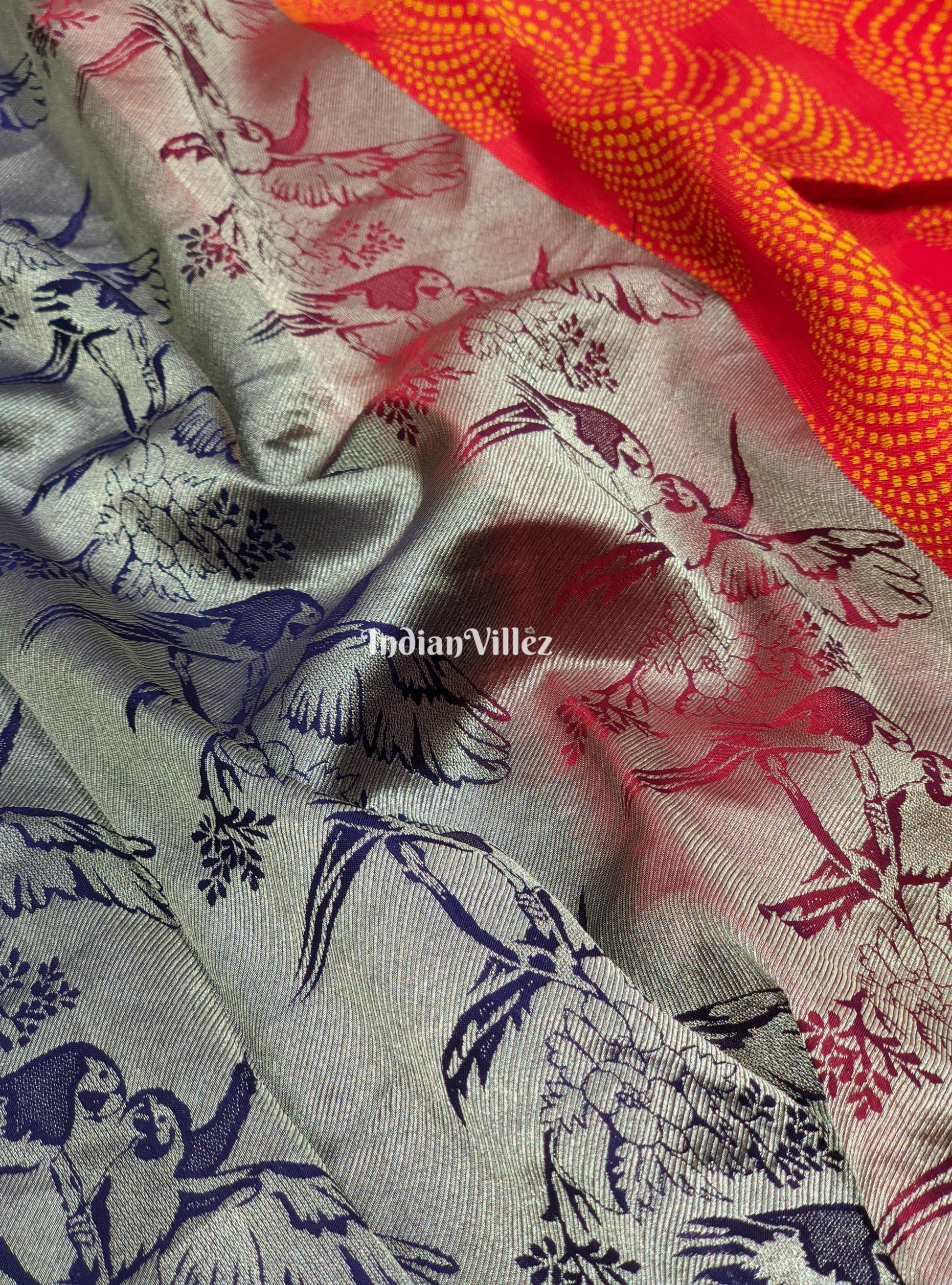 Red Orange Forest Theme Pure Kanchipuram Silk Saree